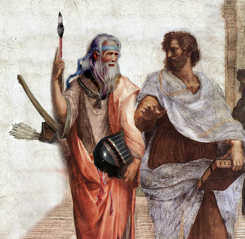 孔子手比1，表示吾道一以貫之，執筆、撥琴、斜背弓；亞理斯多德手比5，強調五湖四海，自由奔流，寓全科於無科。（吳統雄改創，拉斐爾原圖。）