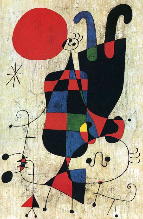 Joan Miró i Ferrà / 《Figures and Dog in front of the Sun》,1949
