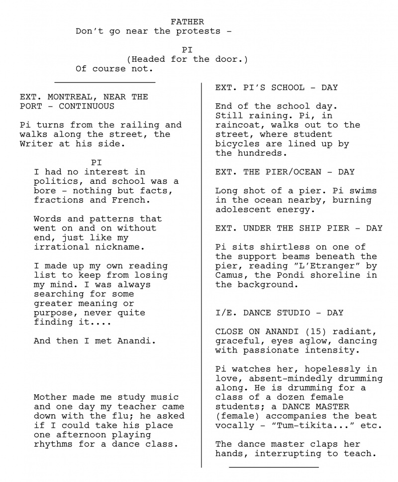 李安《少年PI的奇幻漂流》的2欄式劇本